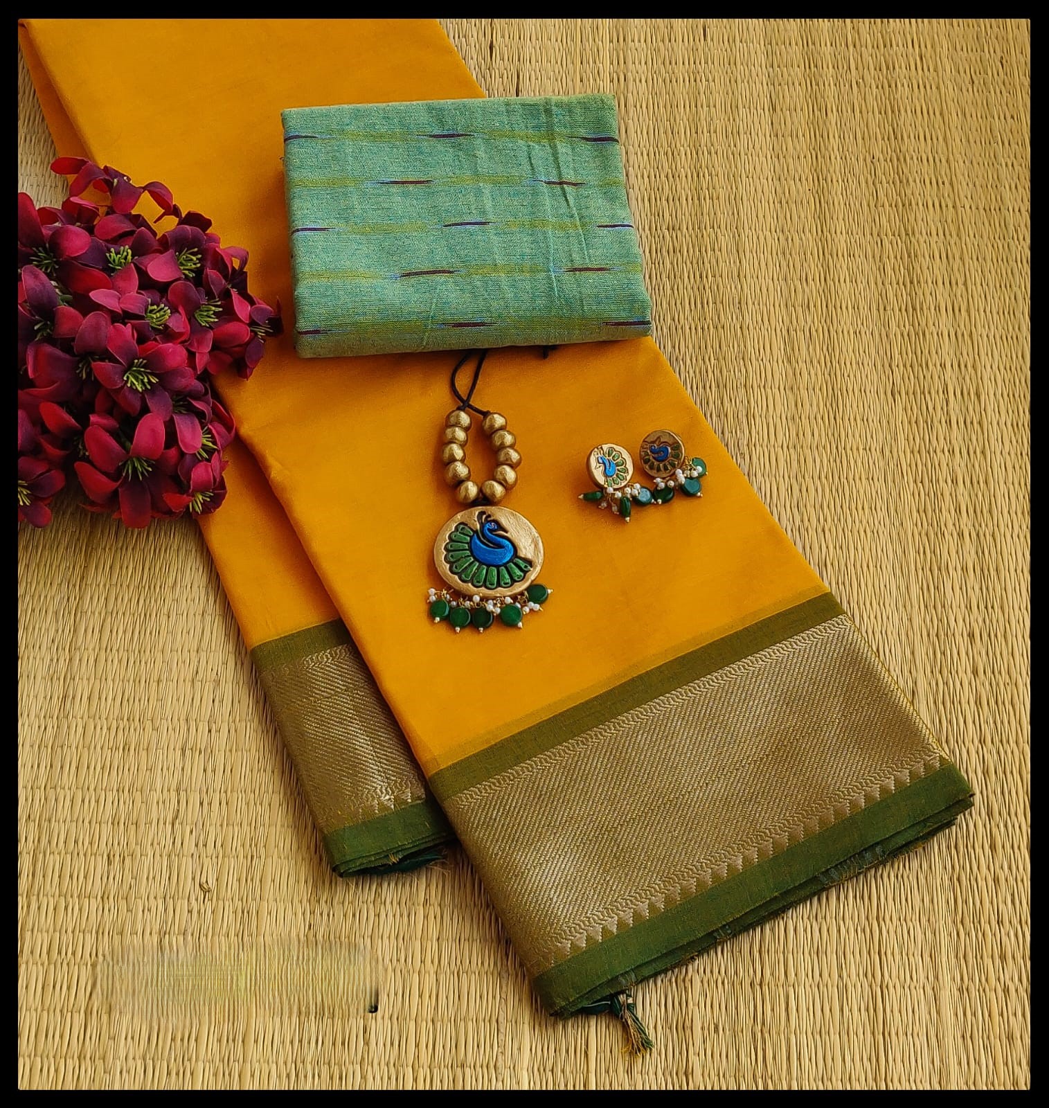 Mustard Yellow Zari Border Chettinad Cotton Saree